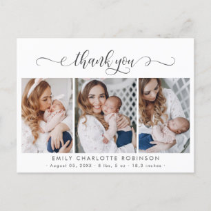 Newborn Baby Photo Collage Modern Script Thank You Postcard
