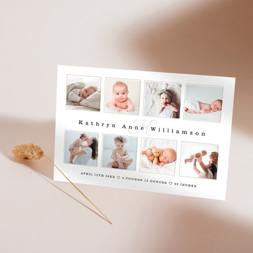 Newborn Baby Photo Collage  Monogram Birth Announcement