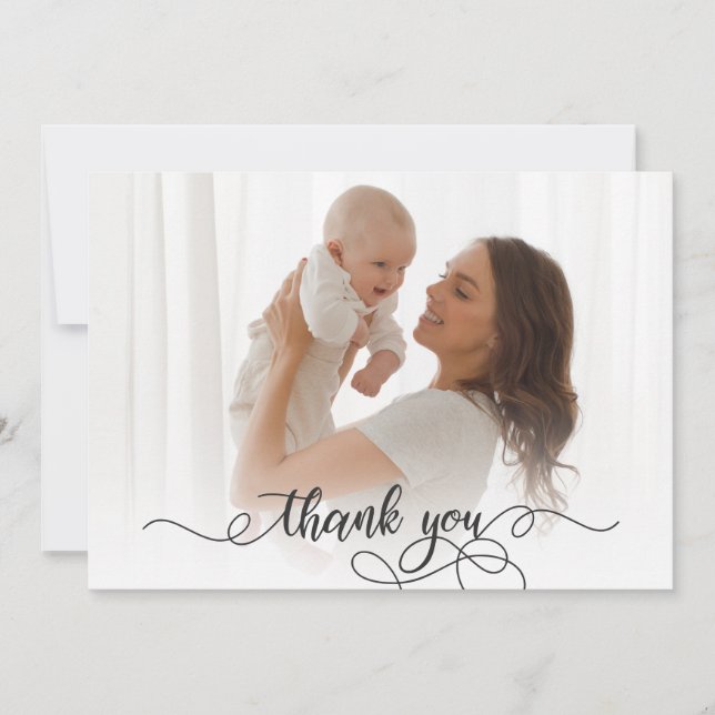 Newborn Baby Photo Modern Calligraphy Thank You Card (Front)