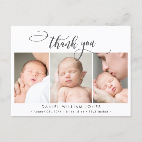 Newborn Baby Photo Modern Script Collage Thank You Postcard