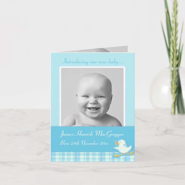 Newborn baby photo momento card blue check (Front)