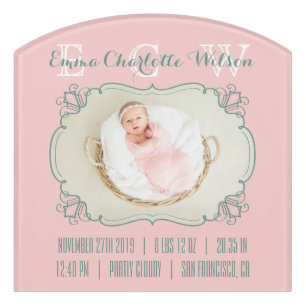 Newborn Baby Photo Monogram Blush Pink Green Frame Door Sign