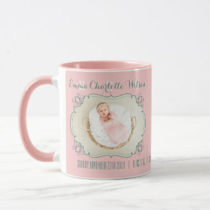 Newborn Baby Photo Monogram Blush Pink Green Frame Mug