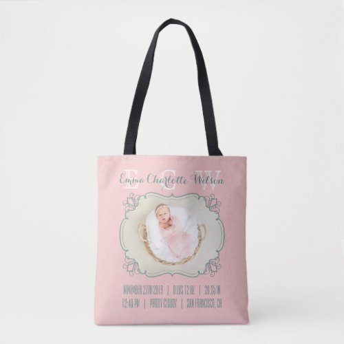 Newborn Baby Photo Monogram Blush Pink Green Frame Tote Bag