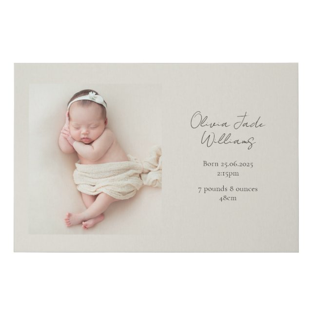 Newborn Baby Photo & Stats, minimalist   Faux Canvas Print (Front)