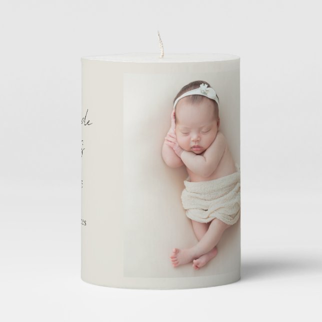 Newborn Baby Photo & Stats, minimalist   Pillar Candle (Front)