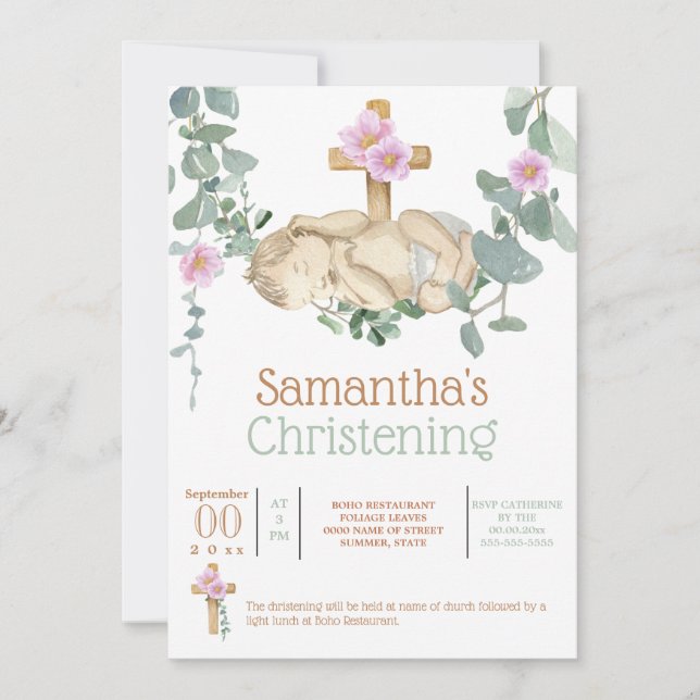 Newborn baby sleeping eucalyptus vine cute girl  invitation (Front)