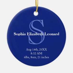 Newborn baby statistic monogram keepsake navy blue ceramic ornament