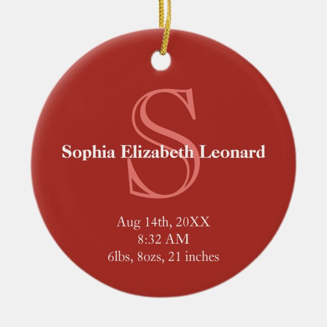 Newborn baby statistic monogram keepsake red ceramic ornament (Front)