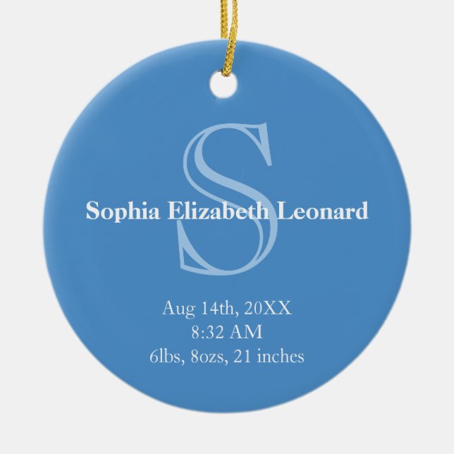 Newborn baby statistic monogram keepsake sky blue ceramic ornament (Front)