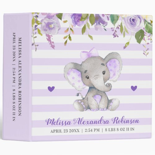 Newborn Baby Stats Girl Lavender Elephant Album 3 Ring Binder
