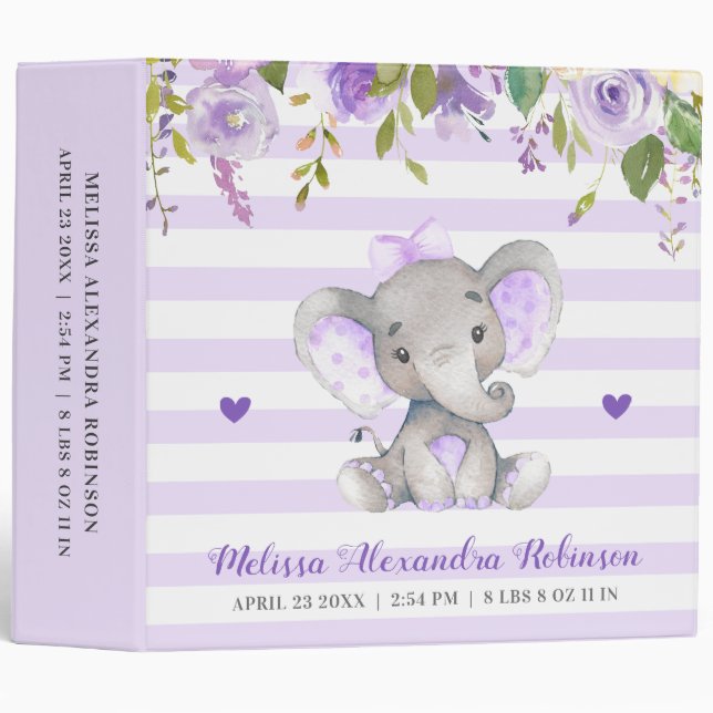 Newborn Baby Stats Girl Lavender Elephant Album 3 Ring Binder (Front/Spine)