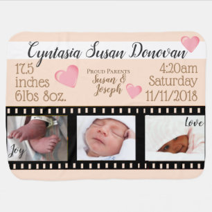 Newborn Baby Stats Three Photo Movie Reel Blanket