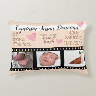 Newborn Baby Stats Three Photo Movie Reel Custom Accent Pillow