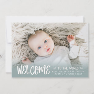 Newborn Baby Welcome to the World Blue Photo Birth Announcement