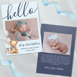 Newborn Birth Photo Boy Baby Announcement<br><div class="desc">Introduce your baby boy with this sweet and simple birth announcement featuring a light blue background on the front and a navy blue background on the back. The front showcases a single newborn photo along with a cute bear holding white balloons, a little bow, and a present for a soft,...</div>