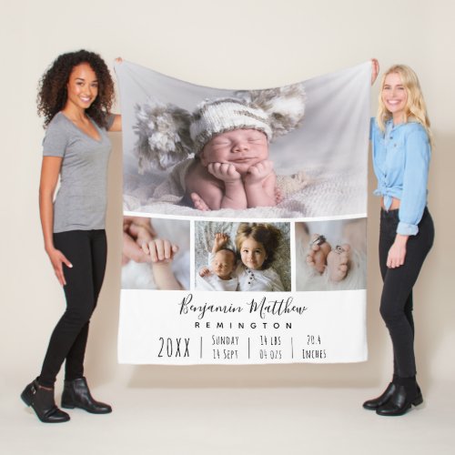 Newborn Birth Stats Collage 4 Photo Fleece Blanket