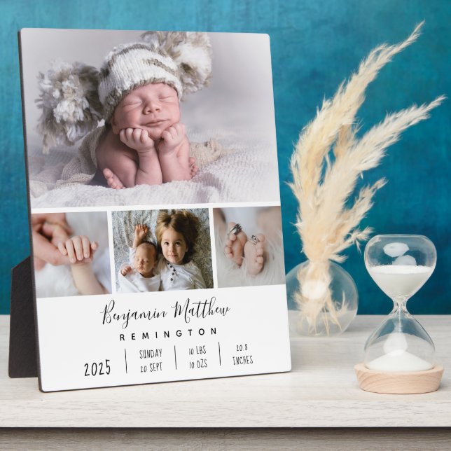 Newborn Birth Stats Four Photo Collage Plaque (Side)