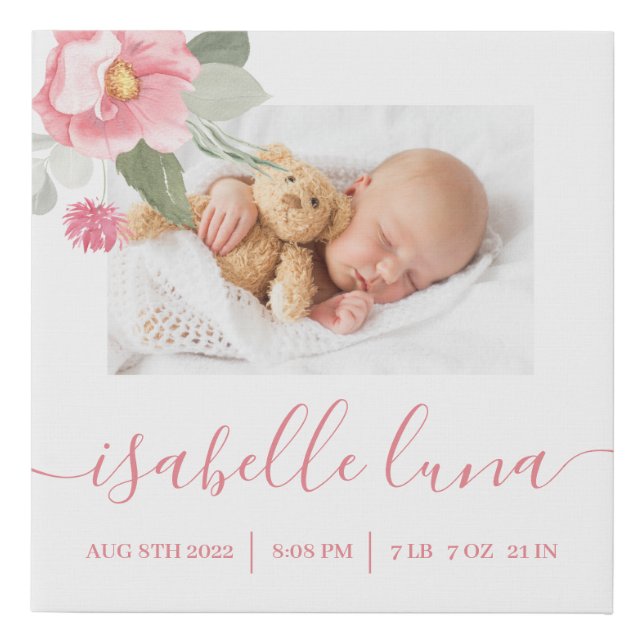 Newborn Birth Stats Photo Wrapped Canvas Print (Front)