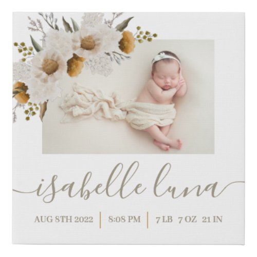 Newborn Birth Stats Photo Wrapped Canvas Print