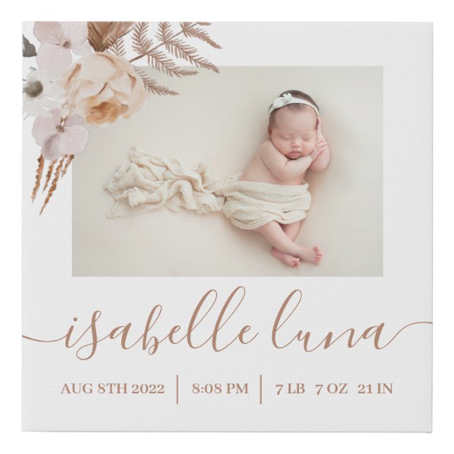 Newborn Birth Stats Photo Wrapped Canvas Print (Front)