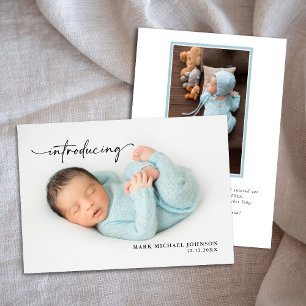 Newborn Blue Baby Boy Photo with Stats Note Card