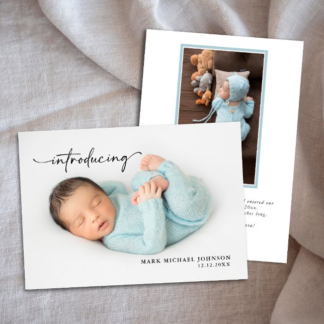 Newborn Blue Baby Boy Photo with Stats  Note Card (Creator Uploaded)
