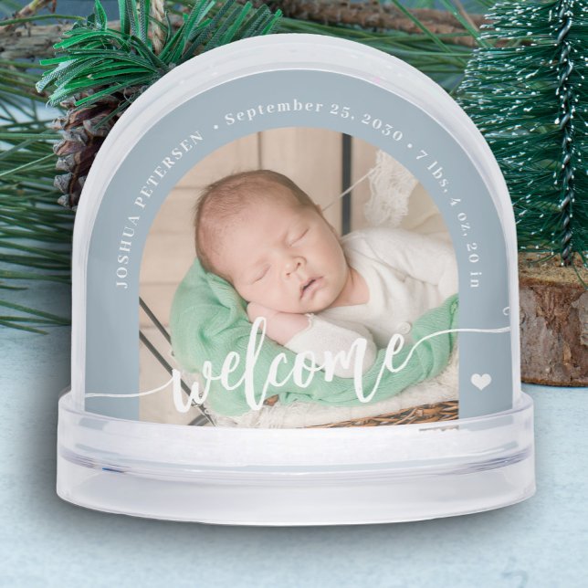 Newborn boy baby 2 photo welcome script keepsake snow globe (Creator Uploaded)