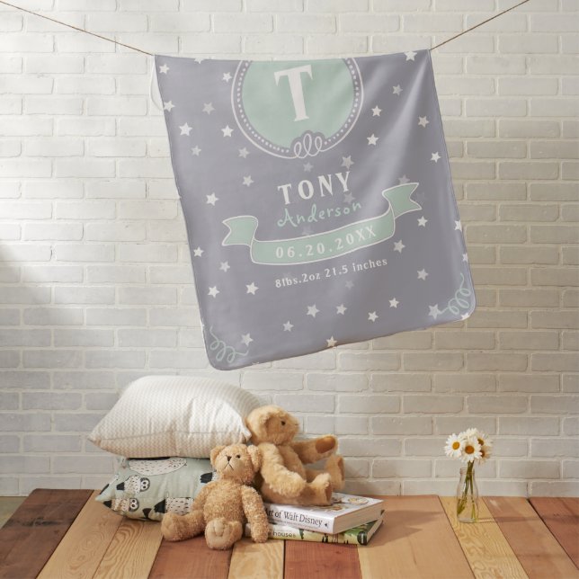 Newborn boy personalized baby keepsakes monogram blanket (In Situ)