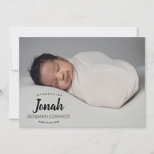 Newborn Boy Photo Collage Typography Overlay Birth Announcement (Front)