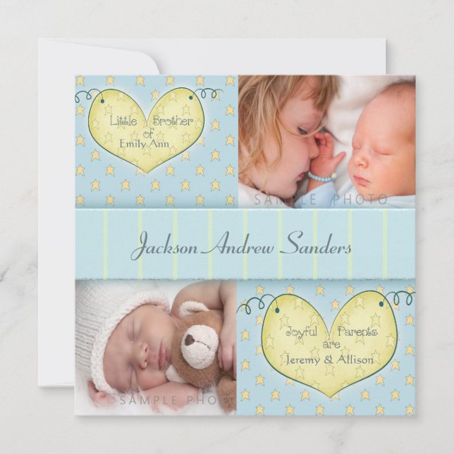 Newborn Boy with Sibling Photo Birth Announcement (Front)