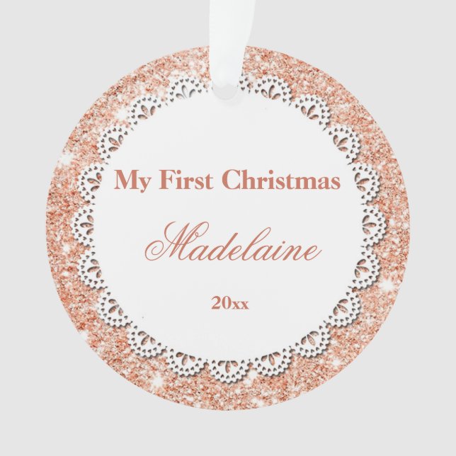 Newborn First Christmas Ornament Rose Gold Glitter (Front)