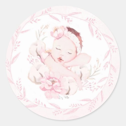 Newborn Girl Hand Drawn Pink Baby Shower  Classic Round Sticker