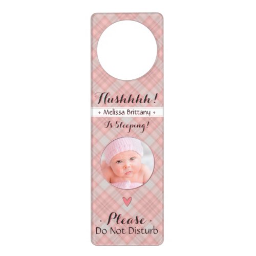 Newborn Girl Hush Baby Sleeping Pink Plaid Door Hanger