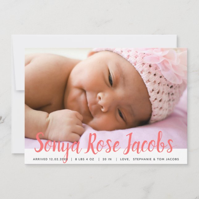 Newborn Girl Name Pink Script Overlay Birth Announcement (Front)