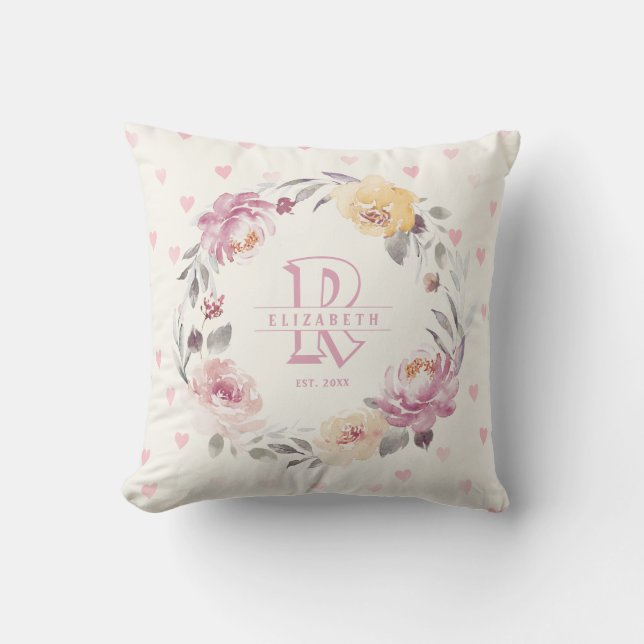 Newborn girl personalized baby keepsakes monogram throw pillow (Front)
