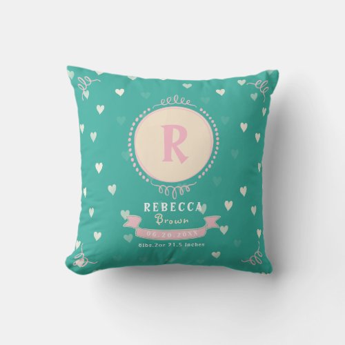 Newborn girl personalized baby keepsakes monogram throw pillow