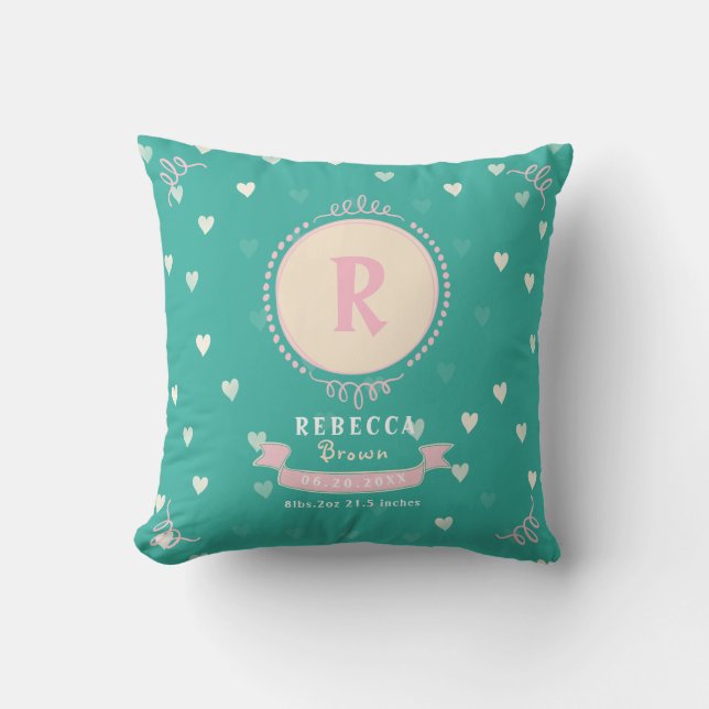 Newborn girl personalized baby keepsakes monogram throw pillow (Front)