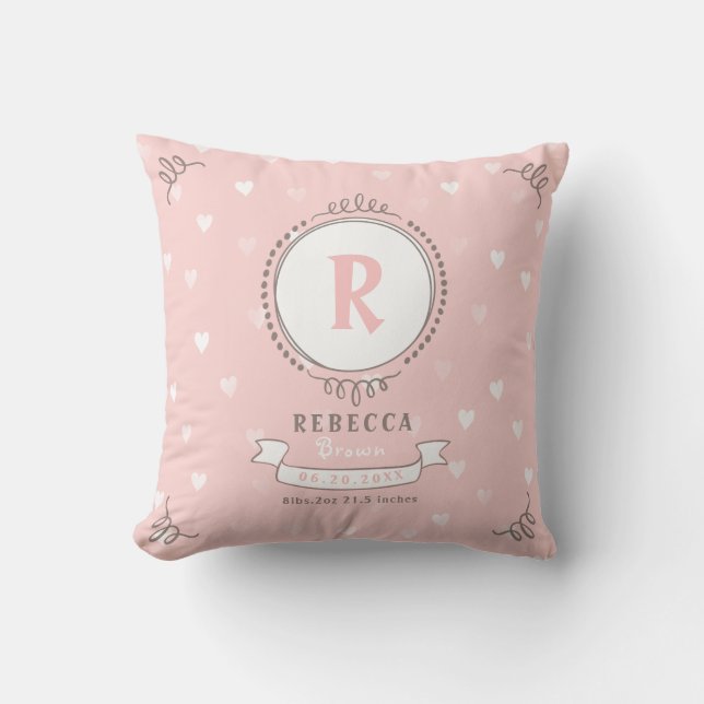 Newborn girl personalized baby keepsakes monogram throw pillow (Front)