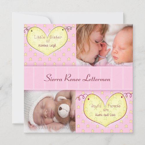 Newborn Girl with Sibling Photo Birth Announcement