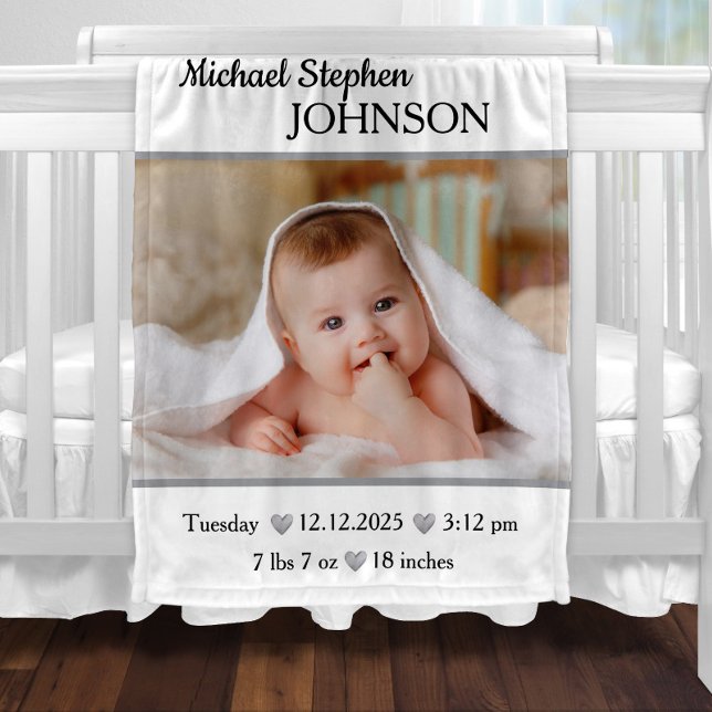 Newborn Gray Baby Boy Photo with Stats  Blanket (Creator Uploaded)