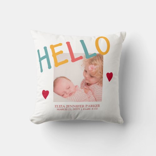 Newborn HELLO typography photo collage nursery Throw Pillow