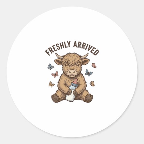 Newborn Highland Calf Baby Announcement Design Classic Round Sticker