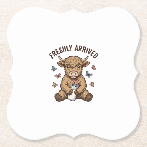 Newborn Highland Calf Baby Announcement Design Paper Coaster