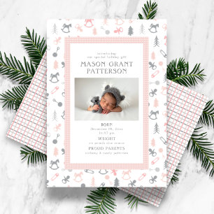 Newborn Holiday Photo Gray Pink Card
