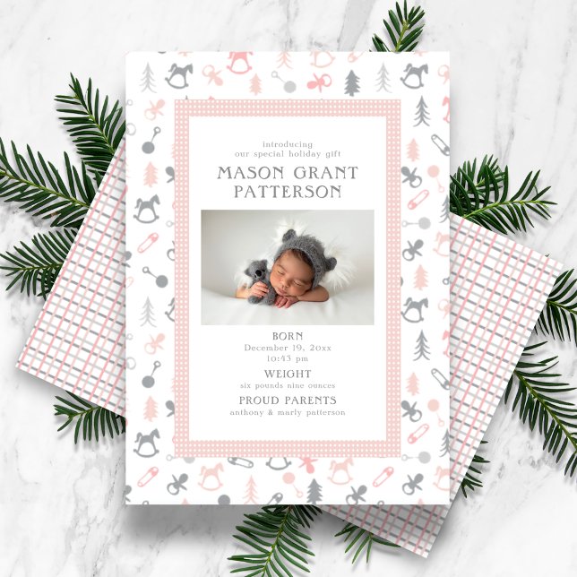 Newborn Holiday Photo Gray Pink Card (Creator Uploaded)