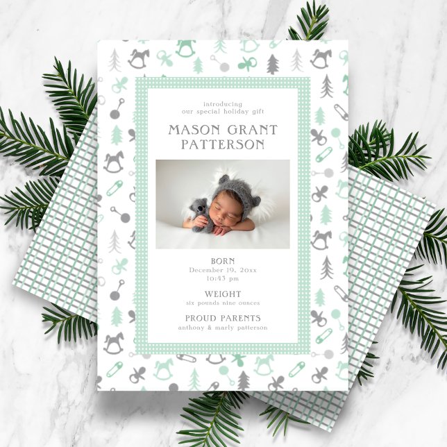 Newborn Holiday Photo Mint Gray Card (Creator Uploaded)