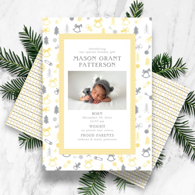 Newborn Holiday Photo Yellow Gray Card (Creator Uploaded)