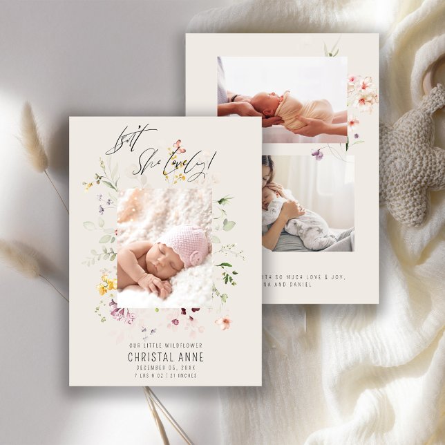 Newborn Ivory Wildflower Photo Collage Girl Birth Announcement (Creator Uploaded)