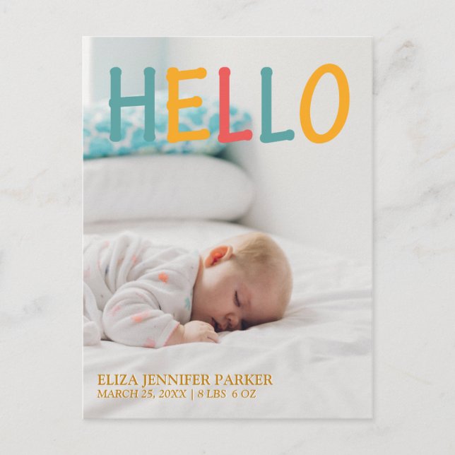 Newborn modern HELLO typography photo baby birth Announcement Postcard (Front)